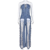 Women's Studded Washed Denim Jumpsuit