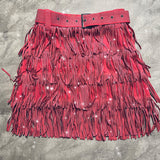 Multi-Layer Short  Heavy Drilling Rhinestones Fringed Skirt