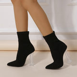 Ladies Pointed Toe Crystal Transparent Thick Heel Boots