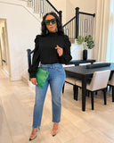 Bow Back Stand Neck Puff Long Sleeve Blouse