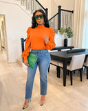 Bow Back Stand Neck Puff Long Sleeve Blouse