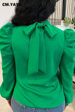 Bow Back Stand Neck Puff Long Sleeve Blouse