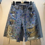 Women's Diamond Beaded Denim Knee Length Shorts