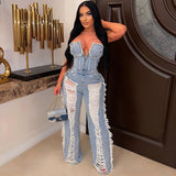 Women's Studded Washed Denim Jumpsuit