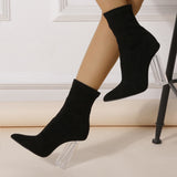 Ladies Pointed Toe Crystal Transparent Thick Heel Boots