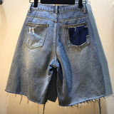 Women's Diamond Beaded Denim Knee Length Shorts